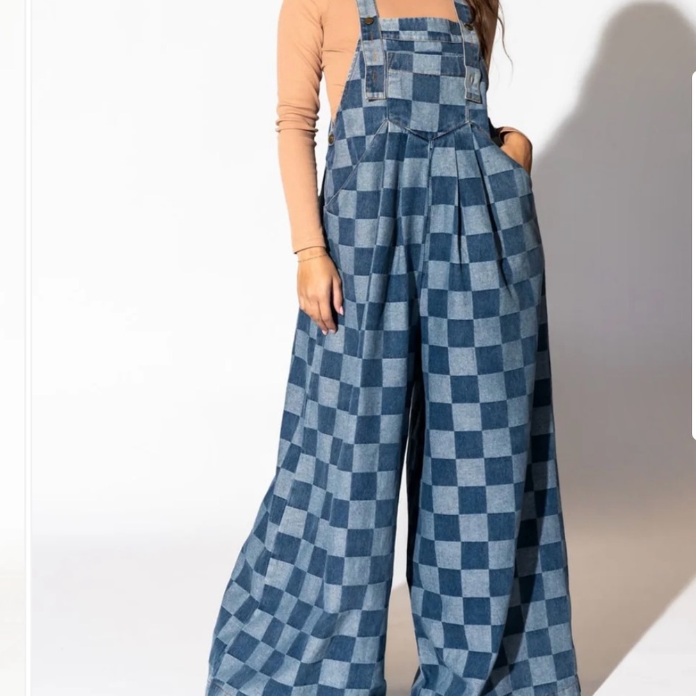 Blue Checkered Women's Jumpsuit - Picture 3 of 4
